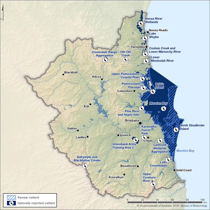 Map of Ramsar wetlands and nationally important wetlands. Most wetlands are located within the eastern coastal part of the region. There is 1 Ramsar-listed wetland in the region: Moreton Bay, which encompasses the central eastern coastline. There are 5 nationally-important wetlands within the Moreton Bay area: Upper Pumicestone Coastal Plain, Pumicestone Passage, Bribie Island, Pine River and Hayes Inlet, and North Stradbroke Island. There are another 12 nationally-important wetlands throughout the region.