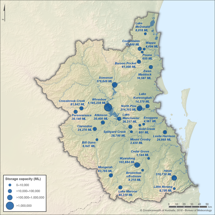 Map of major storages. Lake Wivenhoe in the central part of the region is the region's largest storage with a capacity of around 1,165,000 ML. Other major storages include Somerset, Hinze, North Pine, and Wyaralong, with a combined capacity of around 1,008,000 ML. The remaining storages, located across most of the region, are all less than 100,000 ML in capacity.