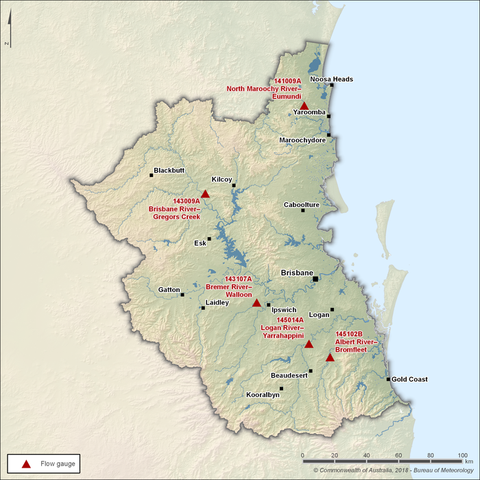 Map of key gauging stations. North Maroochy River at Eumundi, station ID 141009A, is located in the north of the region. Brisbane River at Gregors Creek, station ID 143009A, is in the northwest of the region. Bremer River at Walloon, station ID 143107A, is near the town of Ipswich. Logan River at Yarrahappini, station ID, 145014A, and Albert River at Bromfleet, station ID 145102B, are in the southern part of the region.