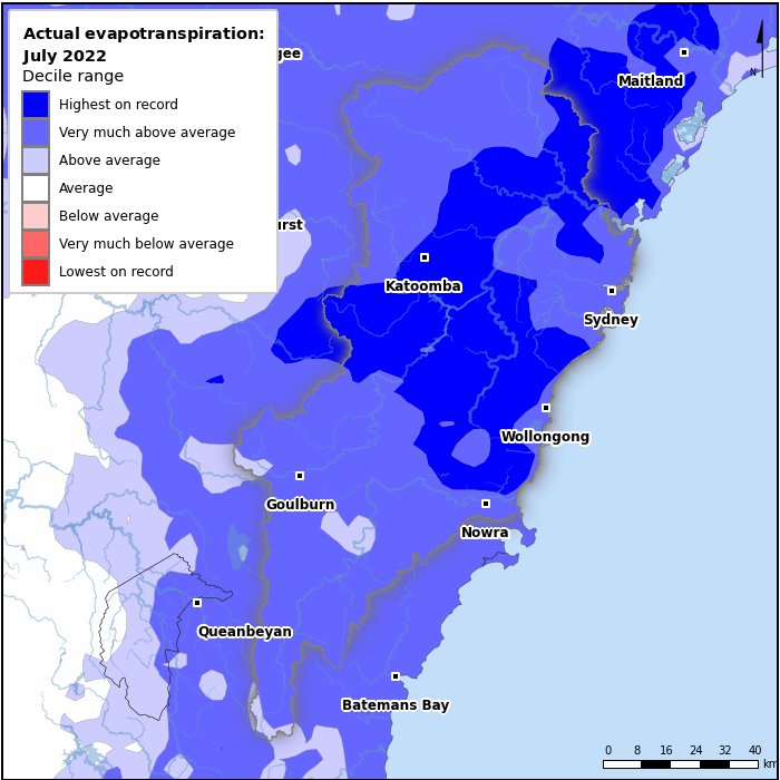 Actual evapotranspiration deciles: July 2022