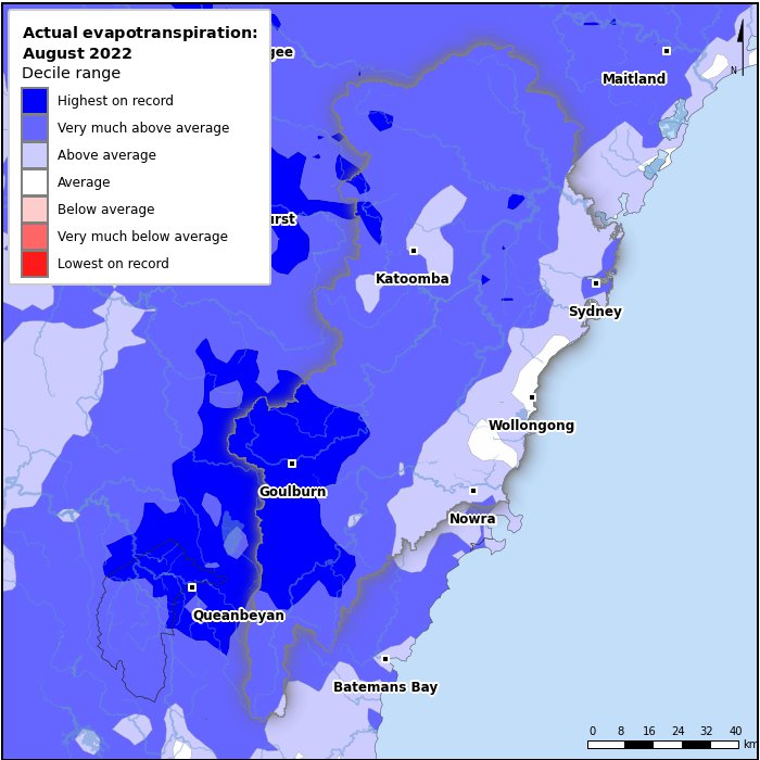 Actual evapotranspiration deciles: August 2022