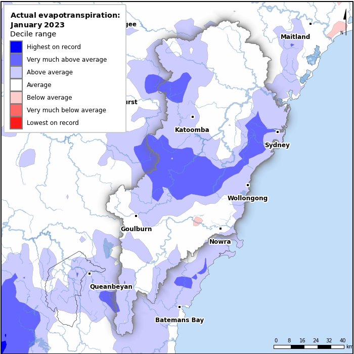 Actual evapotranspiration deciles: January 2023