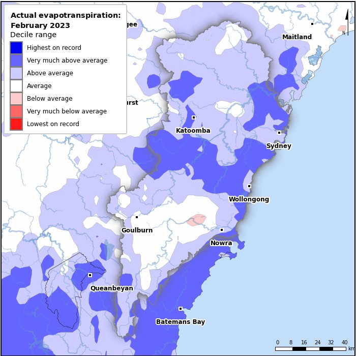 Actual evapotranspiration deciles: February 2023