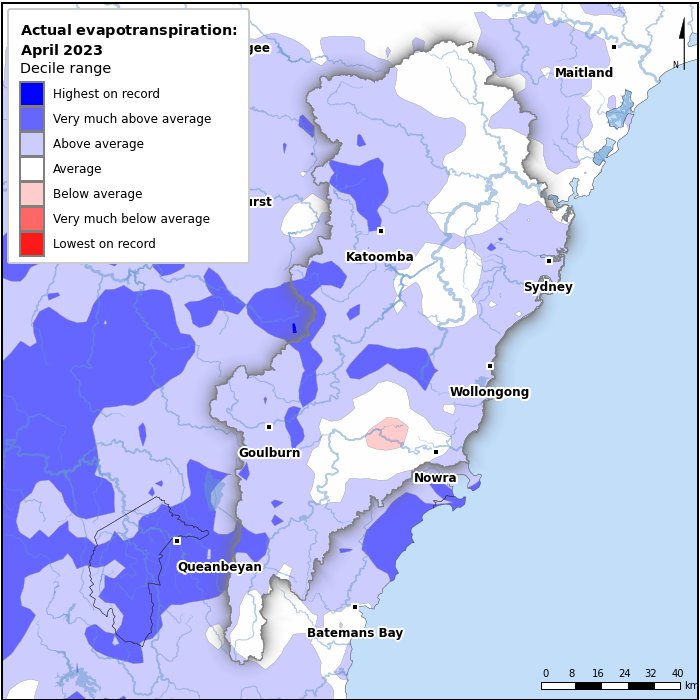 Actual evapotranspiration deciles: April 2023