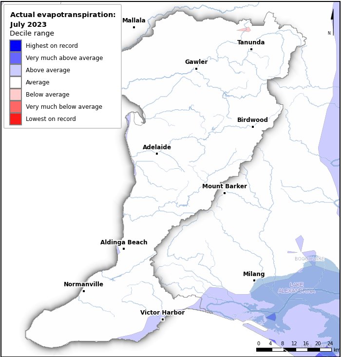 Actual evapotranspiration deciles: July 2023