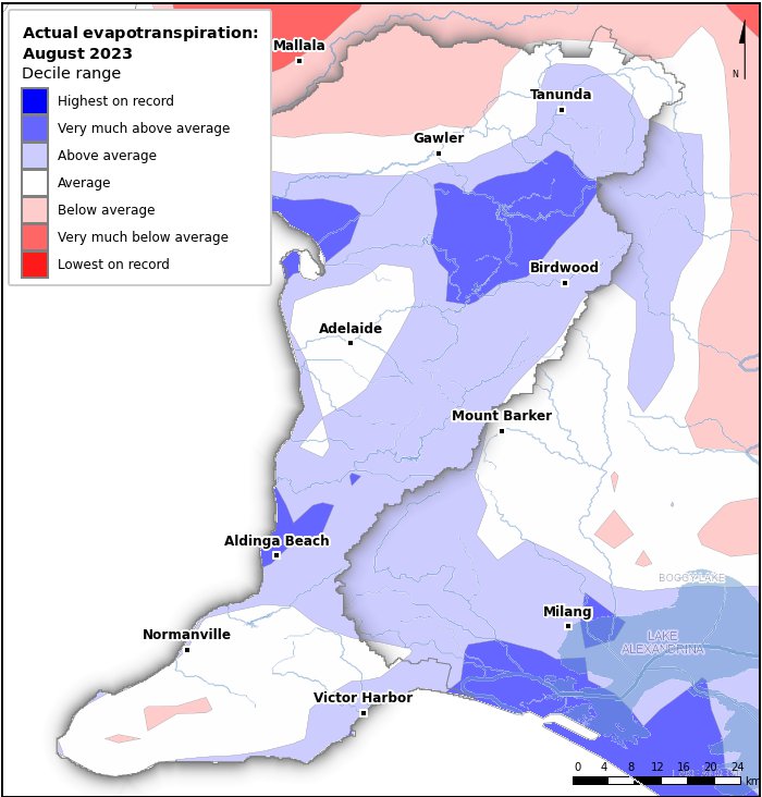 Actual evapotranspiration deciles: August 2023