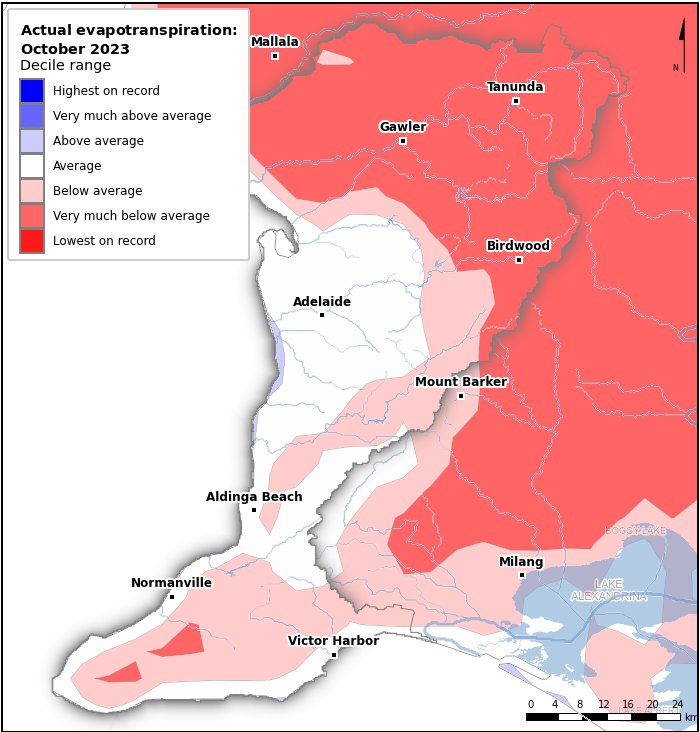 Actual evapotranspiration deciles: October 2023