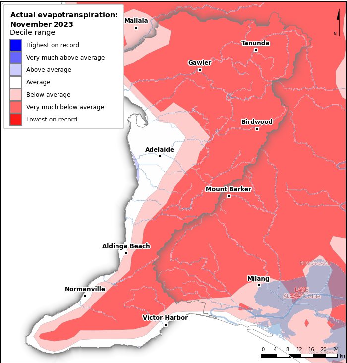 Actual evapotranspiration deciles: November 2023
