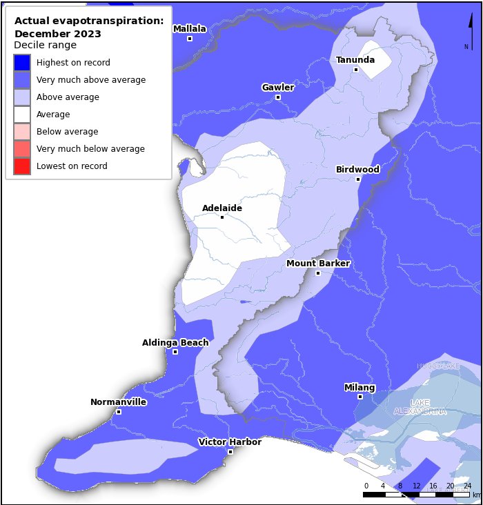 Actual evapotranspiration deciles: December 2023