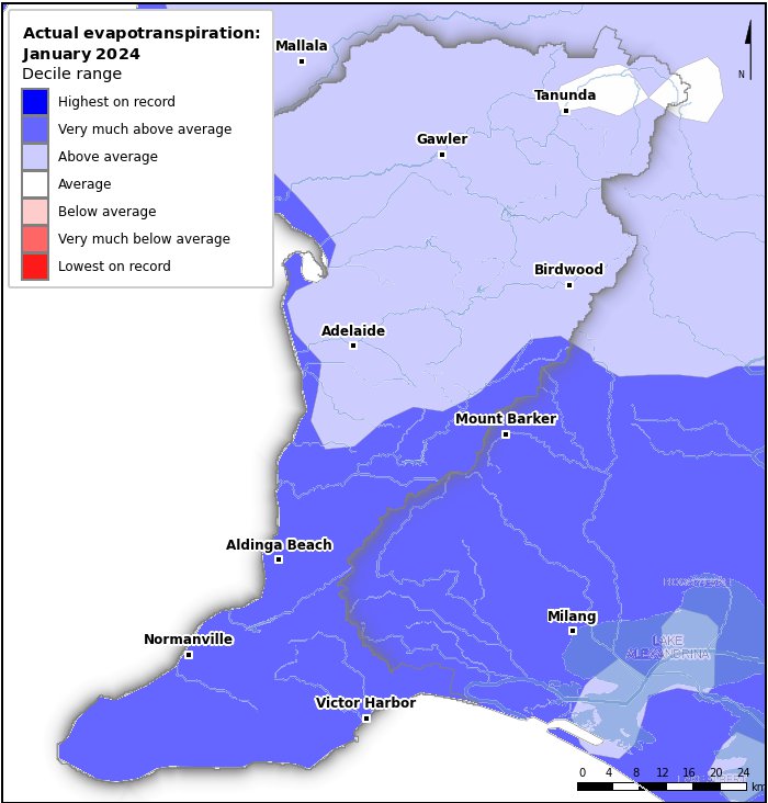 Actual evapotranspiration deciles: January 2024