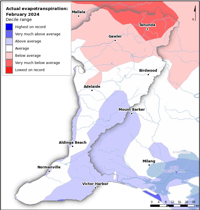 Actual evapotranspiration deciles: February 2024