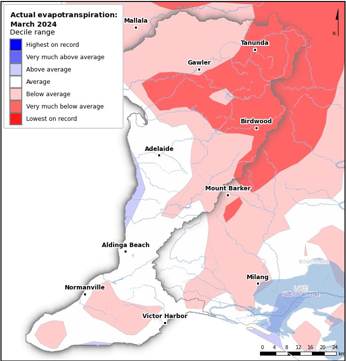 Actual evapotranspiration deciles: March 2024