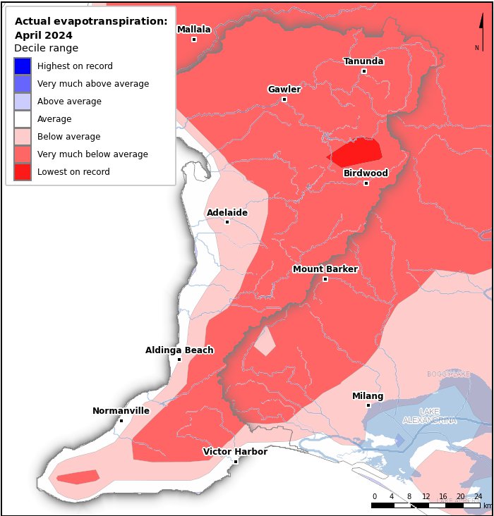 Actual evapotranspiration deciles: April 2024