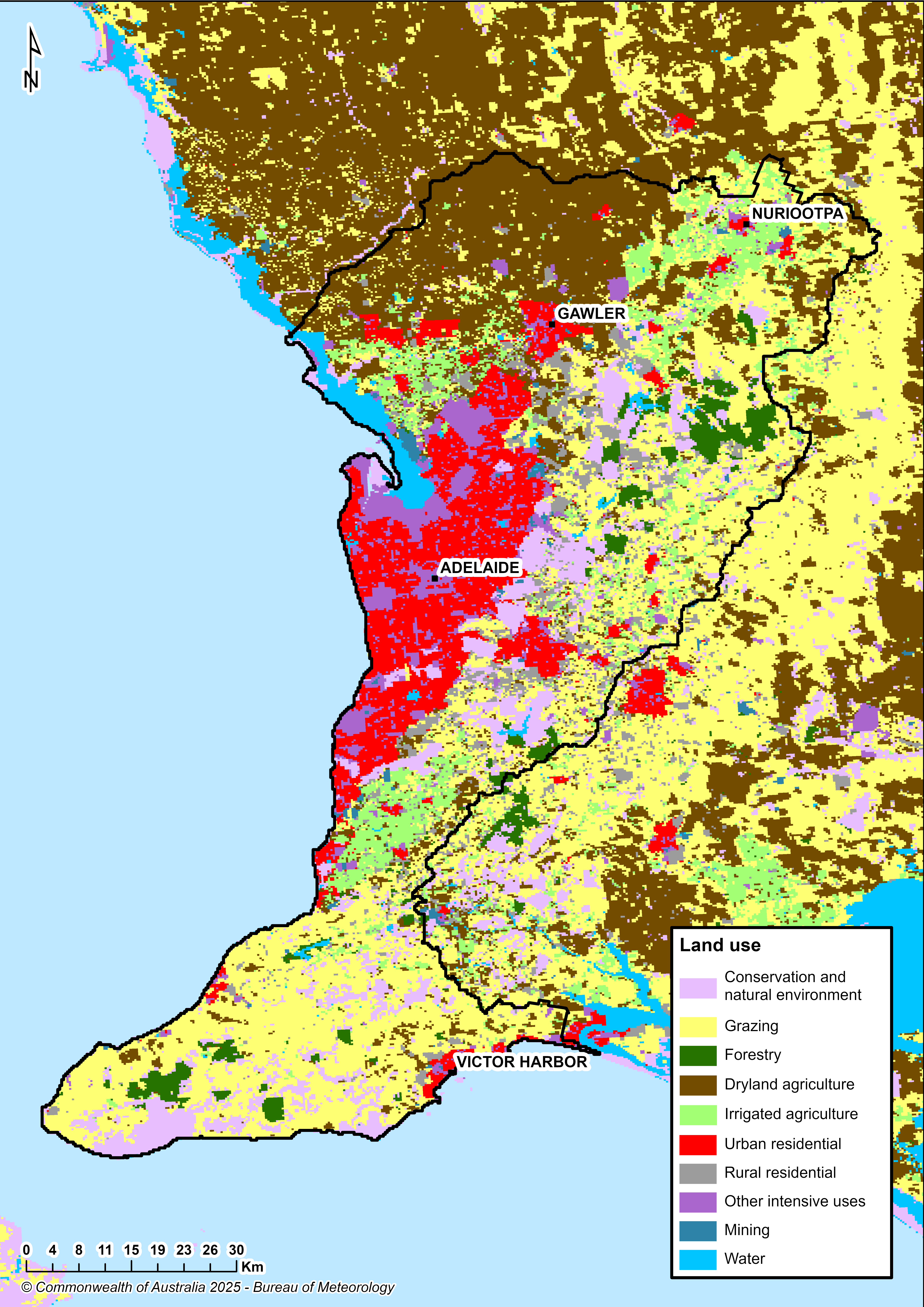 Map showing the distribution and land use types. The city of Adelaide is located in the central west of the region. Other towns in the region include Nuriootpa and Gawler in the northeast and Victor Harbor on the south coast. Urban land use is concentrated in the Adelaide metropolitan area.  Primary land use is grazing followed by dryland and irrigated agriculture.