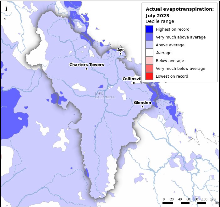 Actual evapotranspiration deciles: July 2023