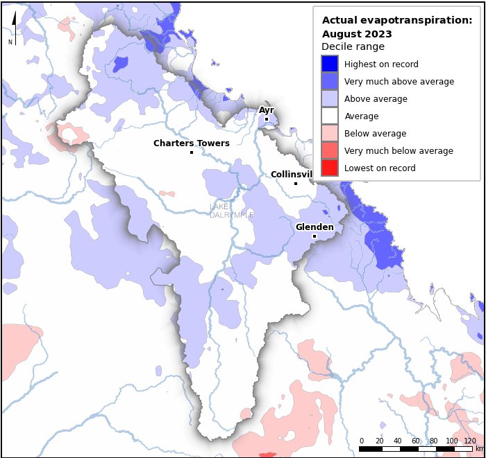 Actual evapotranspiration deciles: August 2023