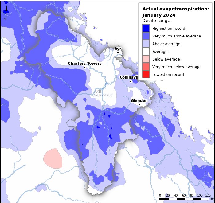 Actual evapotranspiration deciles: January 2024