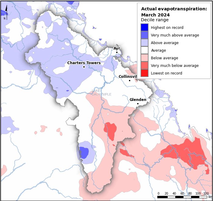 Actual evapotranspiration deciles: March 2024