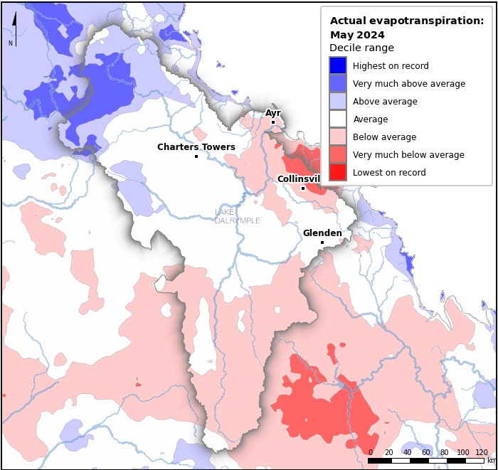 Actual evapotranspiration deciles: May 2024
