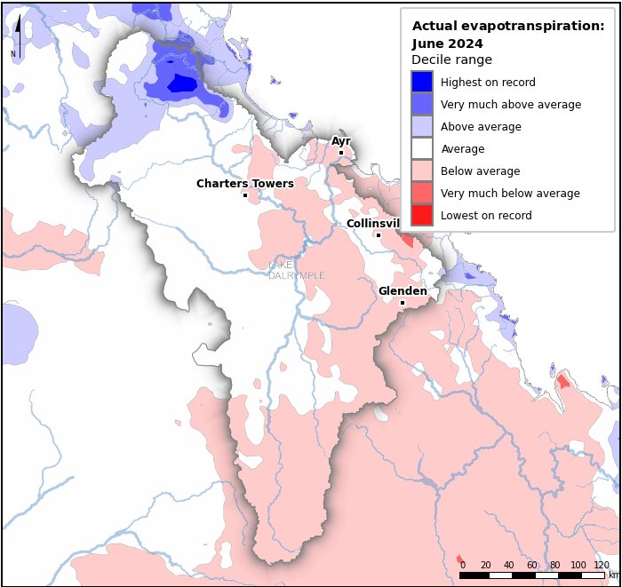 Actual evapotranspiration deciles: June 2024