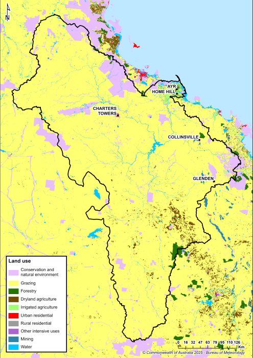 Map showing distribution and land use types. Major towns include Charters Towers, Ayr, Home Hill, Collinsville and Glenden. Primary land use is grazing followed by conservation and natural environments.