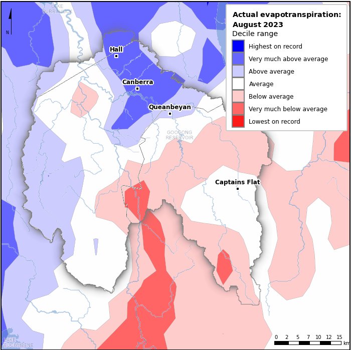 Actual evapotranspiration deciles: August 2023