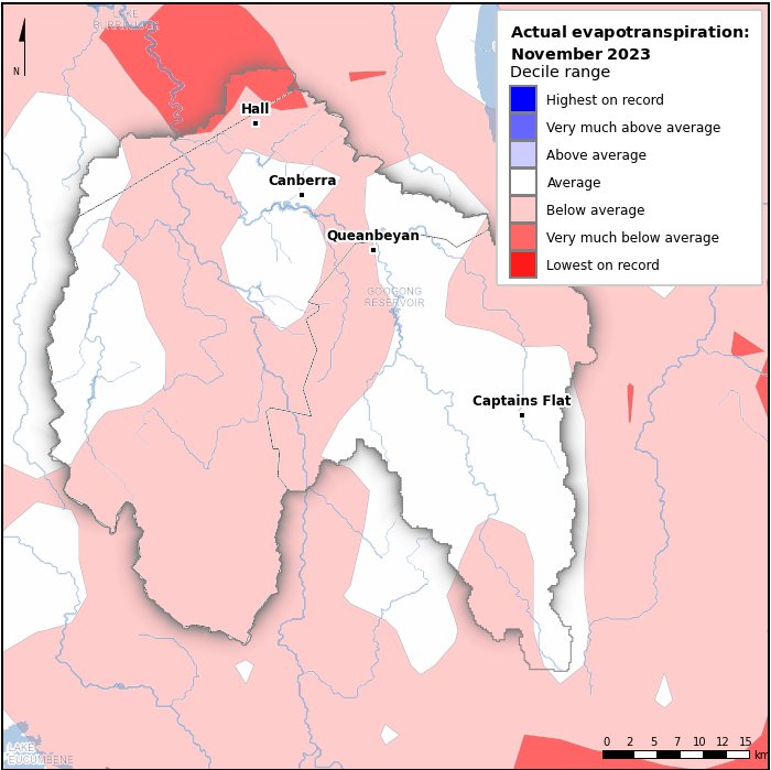 Actual evapotranspiration deciles: November 2023