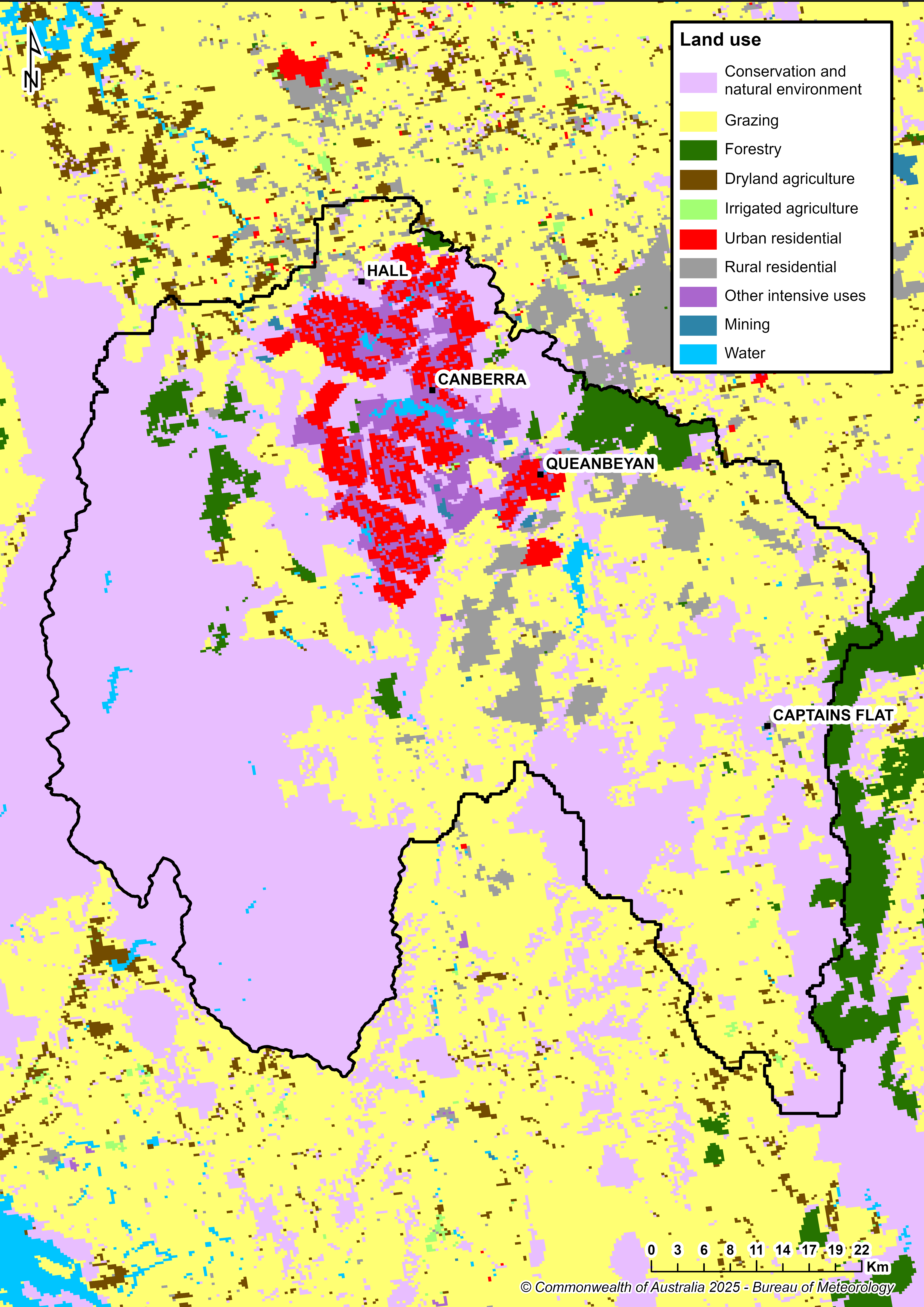 Map showing distribution and land use types. The city of Canberra is located in the central north of the region. Other towns include Hall and Queanbeyan, located within 15 km from Canberra, and Captains Flat in the region's southeast. Urban land use is concentrated in the Canberra metropolitan area. Primary land use is conservation and natural environments followed by grazing.
