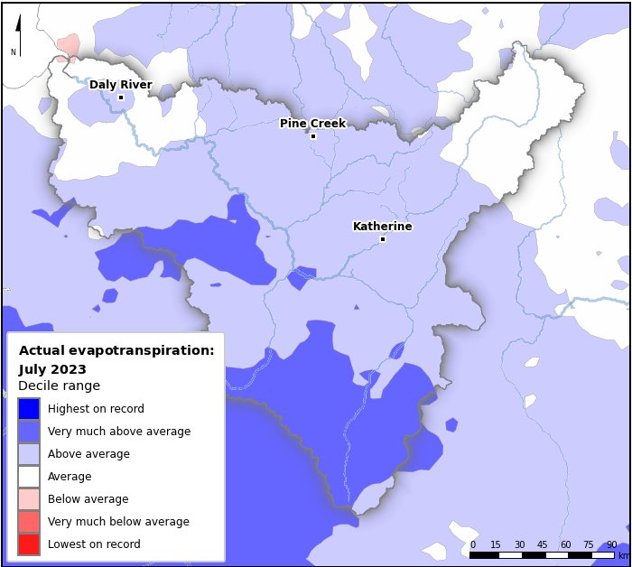 Actual evapotranspiration deciles: July 2023