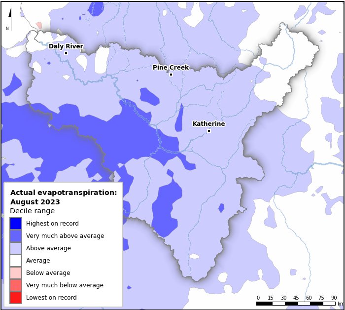 Actual evapotranspiration deciles: August 2023
