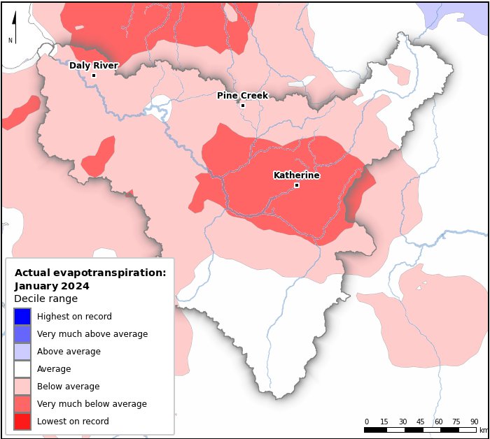 Actual evapotranspiration deciles: January 2024