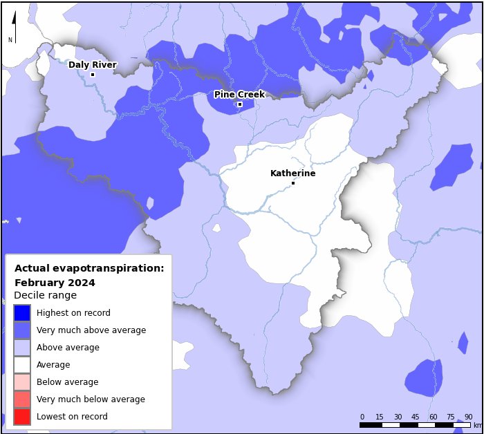 Actual evapotranspiration deciles: February 2024