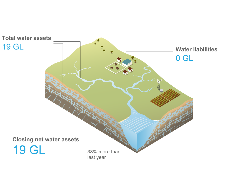 Schematic representation of the Daly region. Total surface water and groundwater assets on 30 June 2024 was 19 GL. Total water liabilities was 0 GL. Closing net water assets on 30 June 2024 was 19 GL.