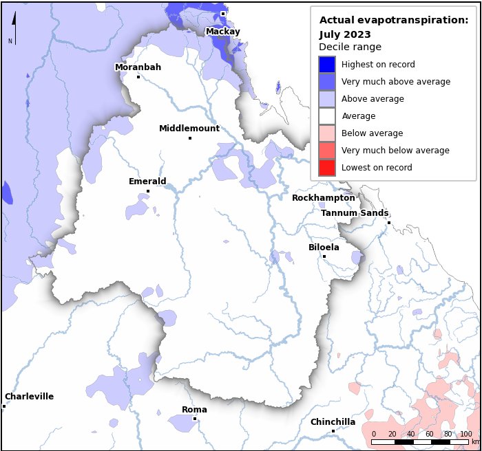 Actual evapotranspiration deciles: July 2023