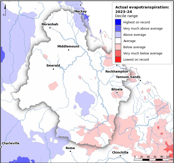 Actual evapotranspiration deciles: July 2023–June 2024