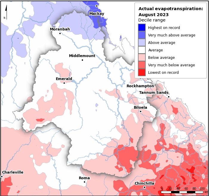 Actual evapotranspiration deciles: August 2023