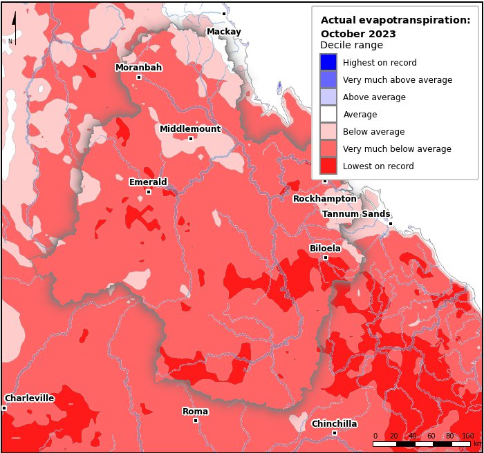 Actual evapotranspiration deciles: October 2023