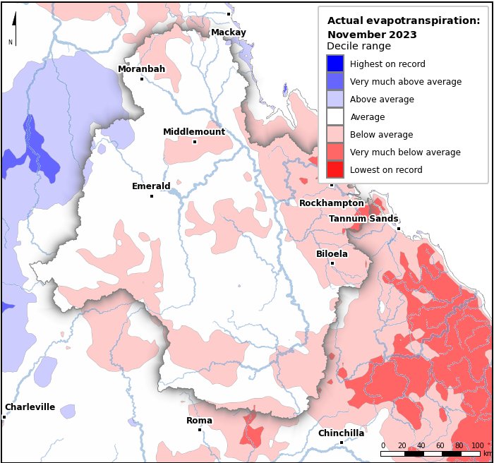Actual evapotranspiration deciles: November 2023