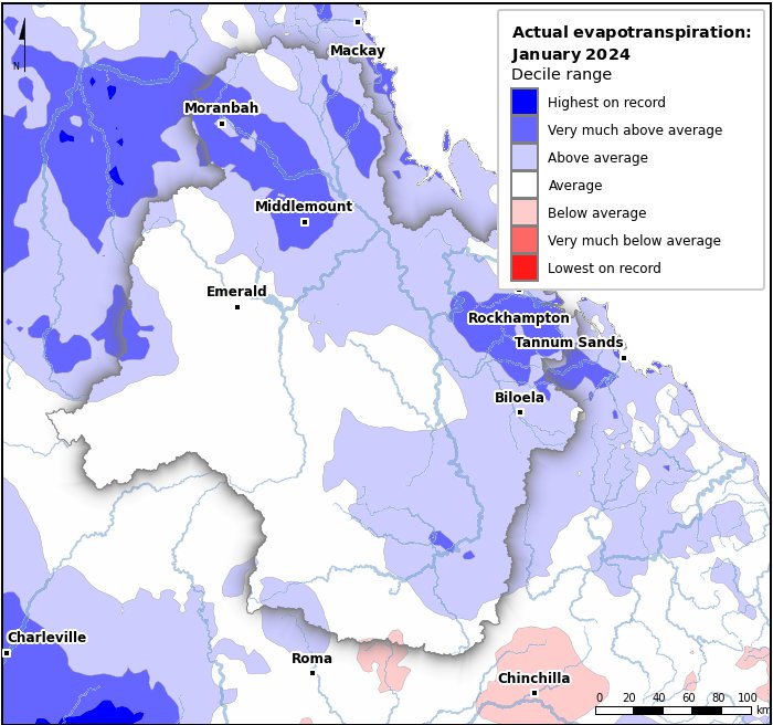 Actual evapotranspiration deciles: January 2024