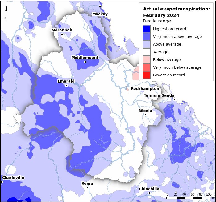 Actual evapotranspiration deciles: February 2024