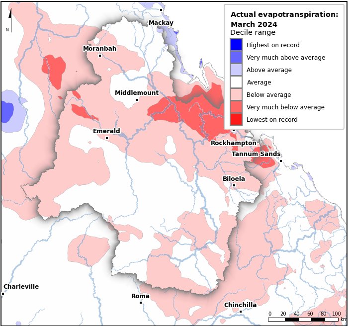 Actual evapotranspiration deciles: March 2024