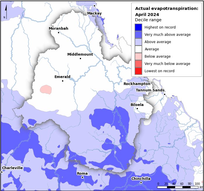 Actual evapotranspiration deciles: April 2024