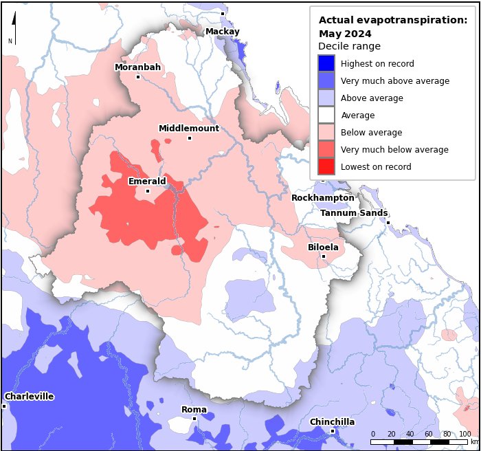 Actual evapotranspiration deciles: May 2024