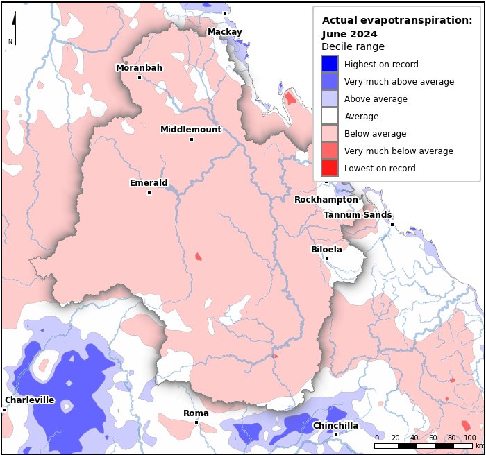 Actual evapotranspiration deciles: June 2024