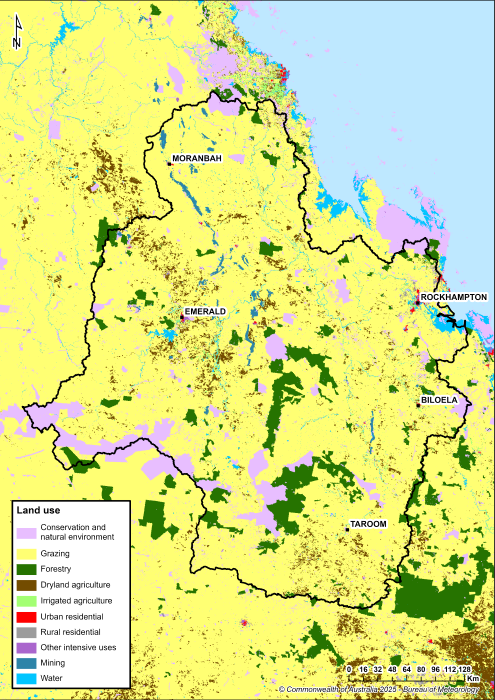 Map of distribution and land use types. Major towns include Moranbah, Emerald, Rockhampton, Biloela and Taroom. Primary land use is grazing followed by forestry, dryland agriculture, and conservation and natural environments.