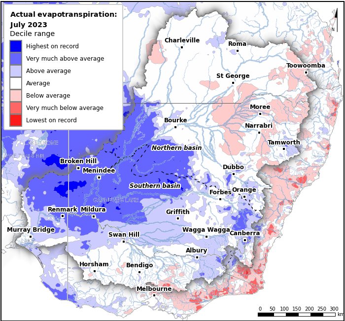 Actual evapotranspiration deciles: July 2023