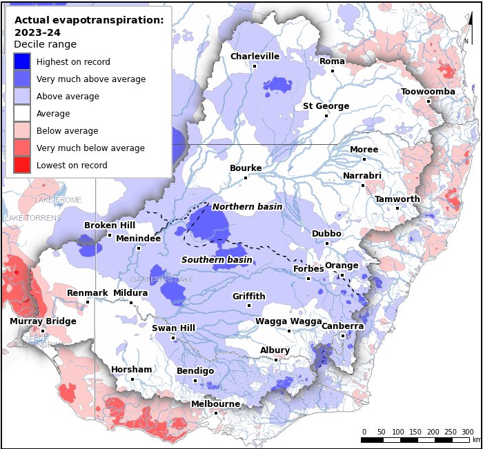 Actual evapotranspiration deciles: July 2023–June 2024