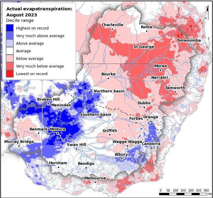 Actual evapotranspiration deciles: August 2023