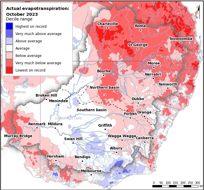 Actual evapotranspiration deciles: October 2023