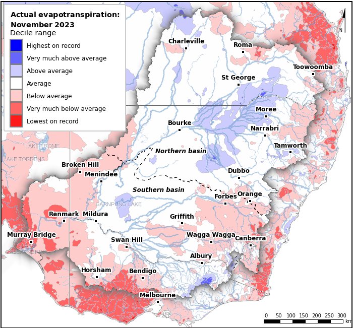 Actual evapotranspiration deciles: November 2023